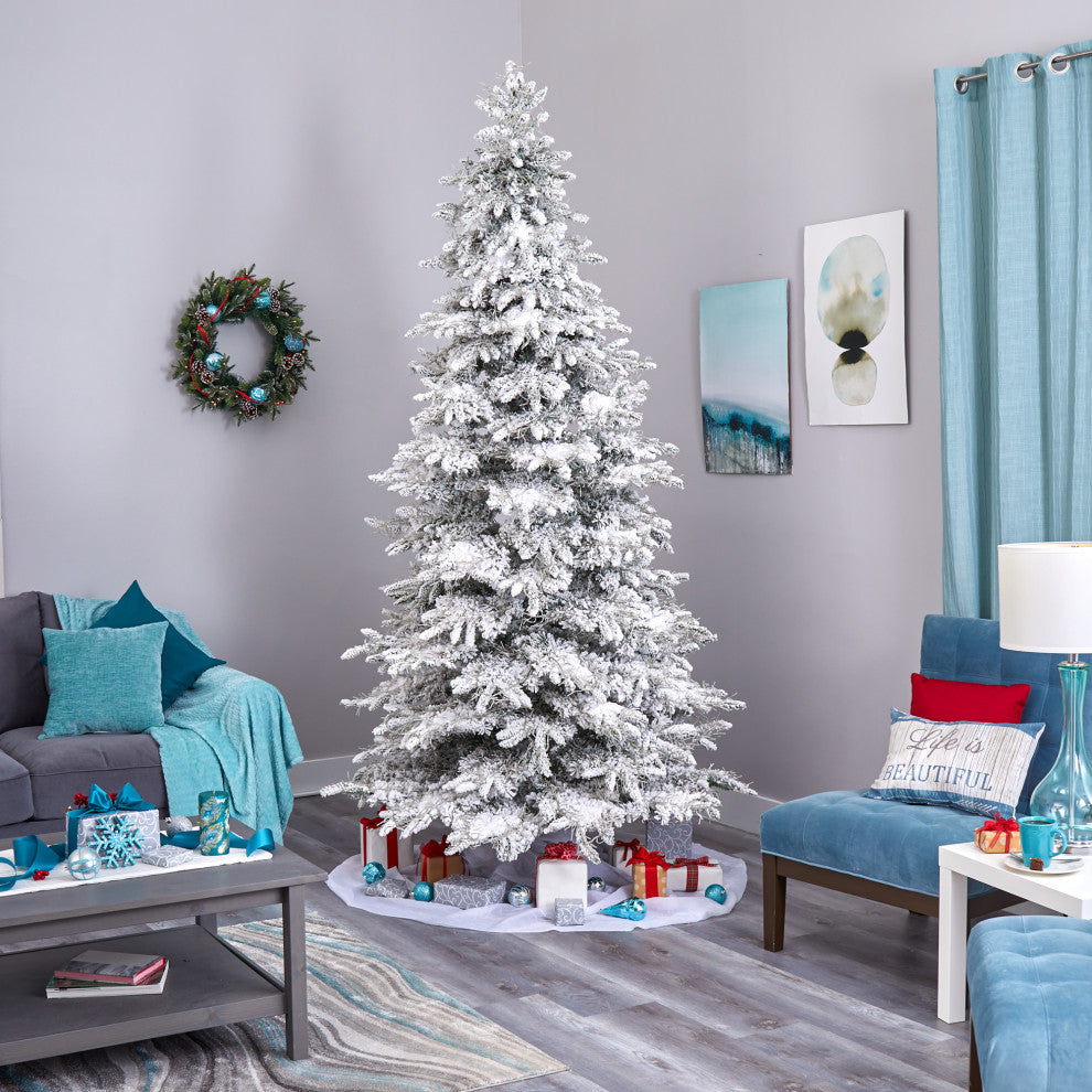9' Flocked Grand Northern Rocky Fir Faux Xmas Tree W/Lights & Bendable Branches