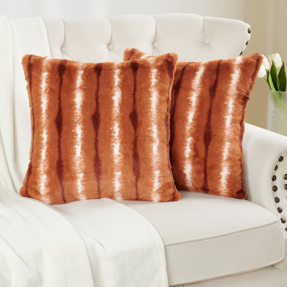 Amanda Stripe Faux Fur 2 Piece Pillow Shell Sets, Burnt Orange, 20"x20"