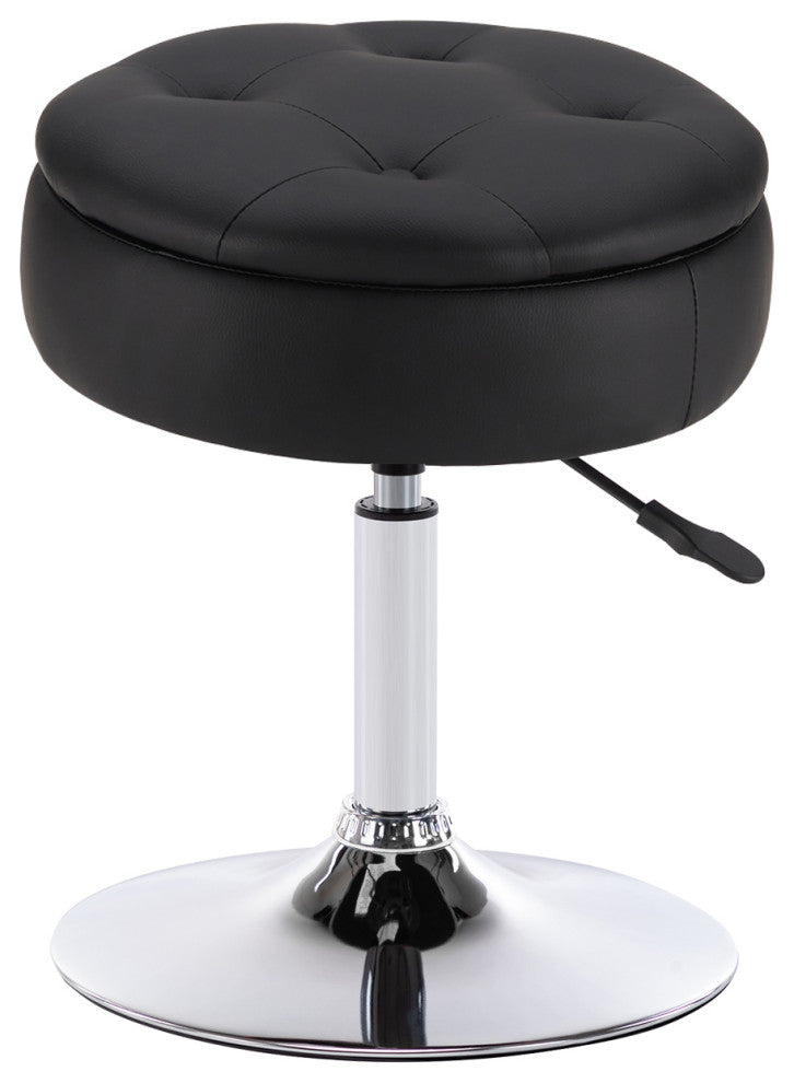 Storage Swivel PU Leather Vanity Stool, Black With Removeable Tray