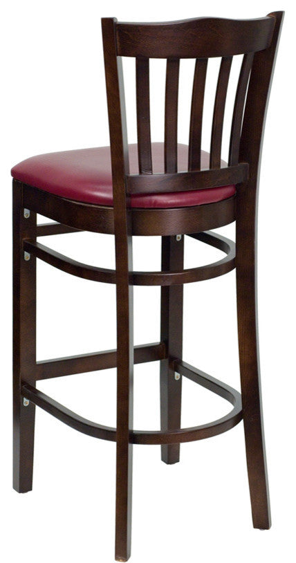 Vertical Slat Back Walnut Wood Restaurant Barstool, Burgundy Vinyl Seat