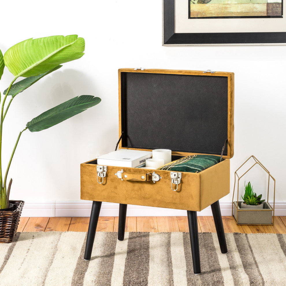19.70" Glod Velvet Upholstered Storage Stool With Black Solid Rubberwood Legs
