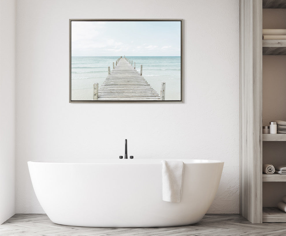 Sylvie Wooden Pier on Beach Framed Canvas by Amy Peterson Art Studio, Gray 28x38