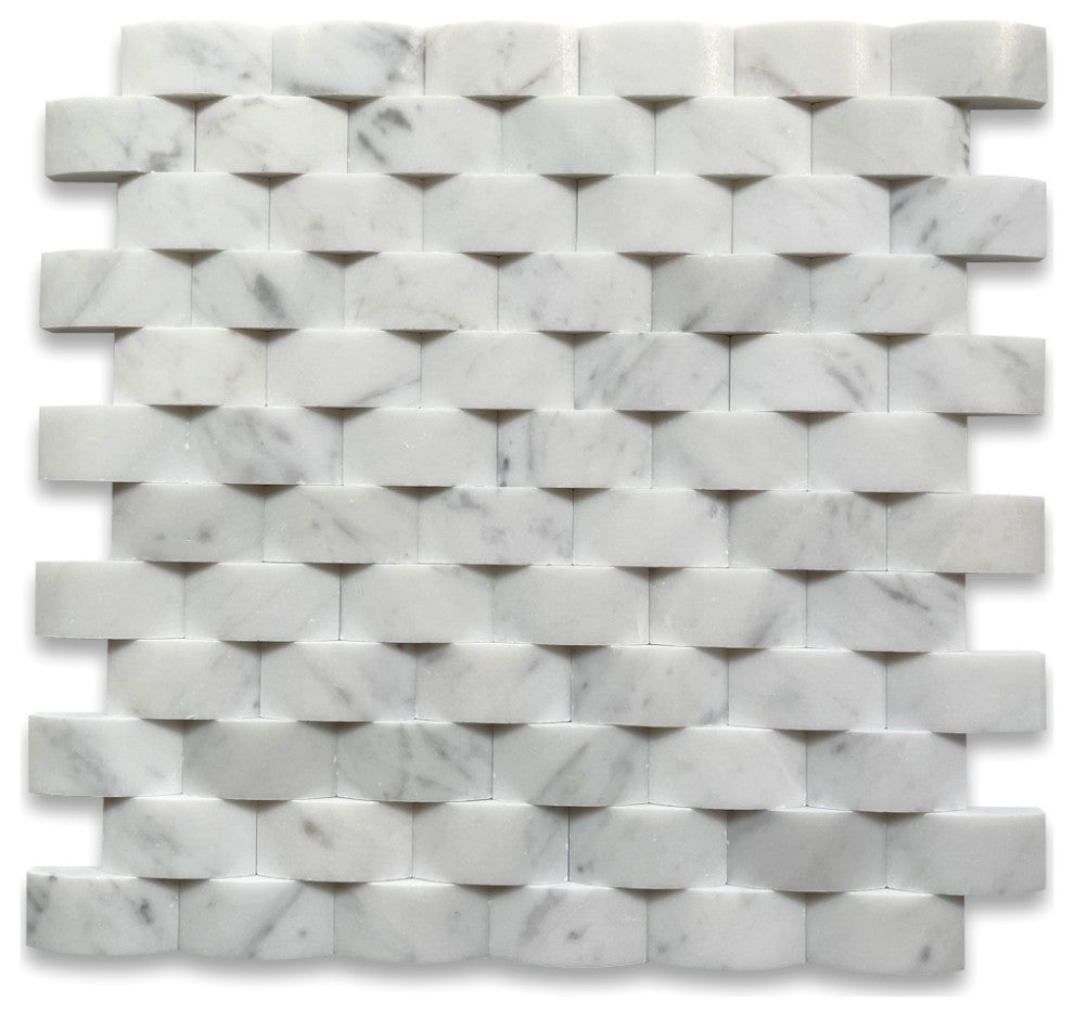 Carrara Marble 3D Cambered 1x2 Arched Mosaic Tile Honed Venato Carrera, 1 sheet