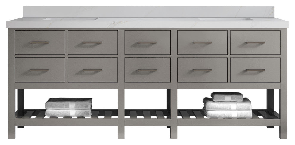 Parker 84" Double Sink Bath Vanity, Elephant Skin Gray 2" Calacatta Sienna