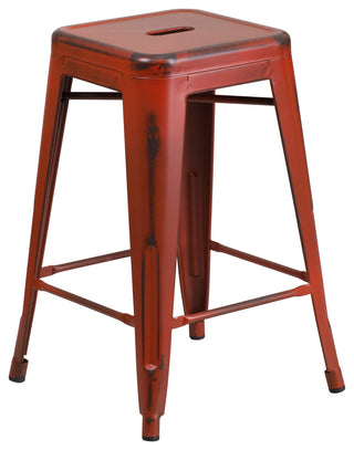 24"High Backless Distressed Kelly Red Metal Indoor-Outdoor Counter Height Stool