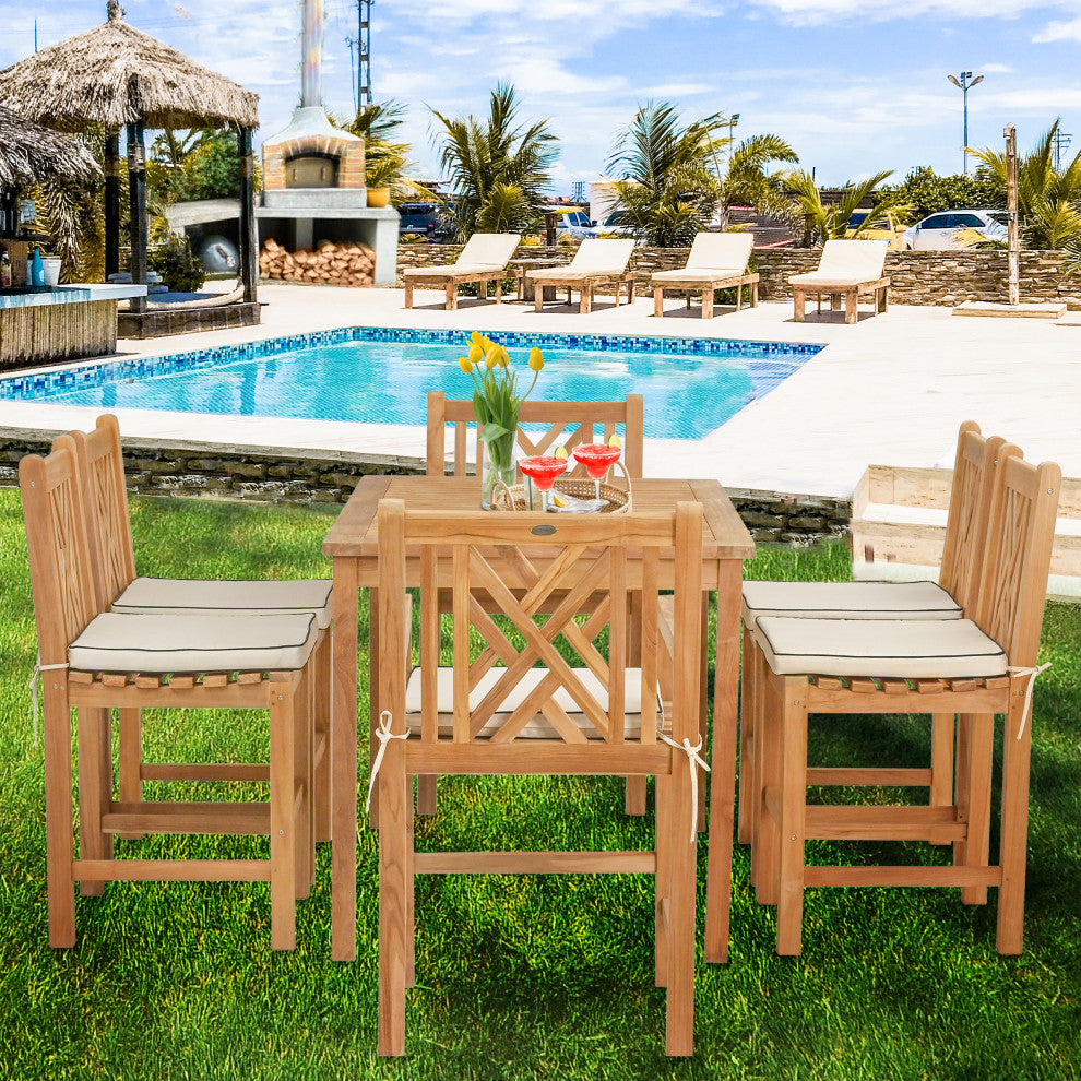 7 Piece Teak Chippendale 55" Rect Bistro Counter Set, 2 Arm and 4 Side Stools