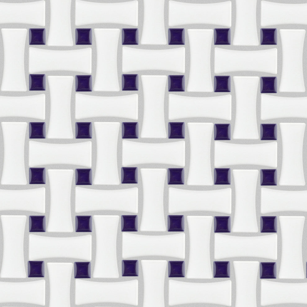 Metro Dog Bone Basketweave White w/Cobalt Dot Porcelain Floor and Wall Tile