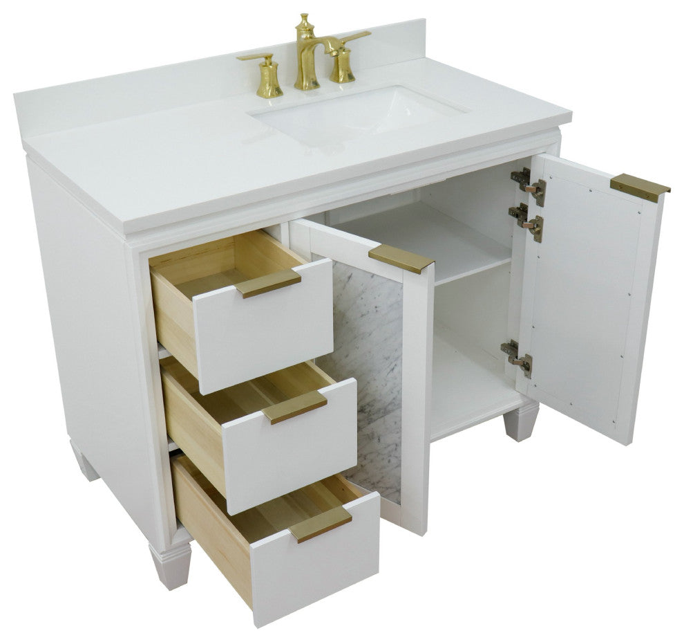 43" Single Vanity, White Finish With White Engineered Stone Top