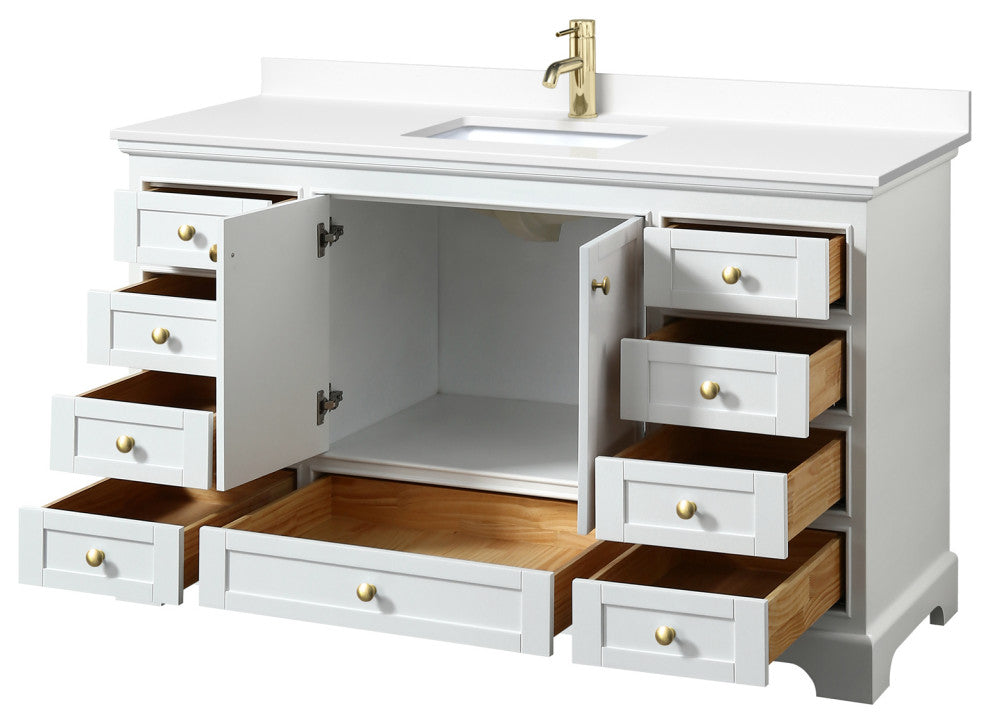 60" Single Bath Vanity, White, White Cult. Marble Countertop, Sink, Gold Trim