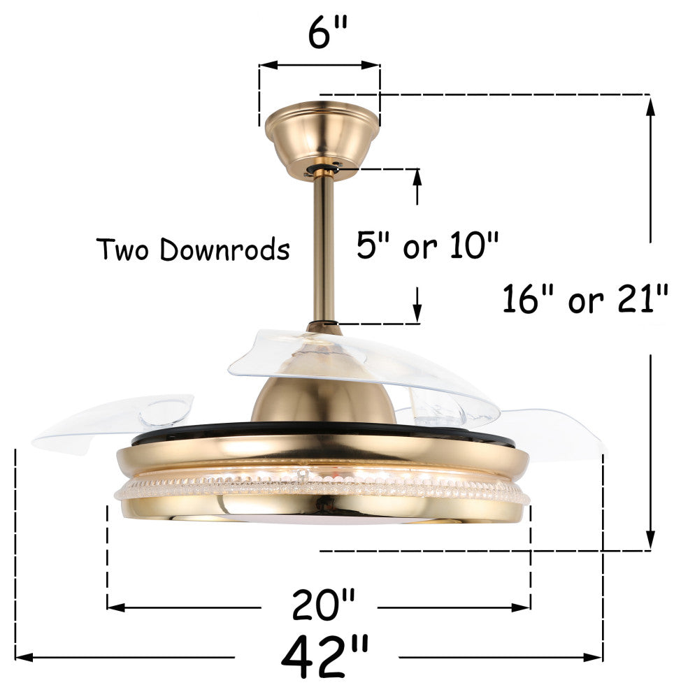 42" Modern Retractable Crystal Ceiling Fan with Remote Control and LED Light, French Gold