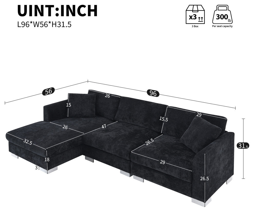 Alice Modern L-Shaped Cloud Chenille Sectional Chaise Sofa With 2 Pillows, Black