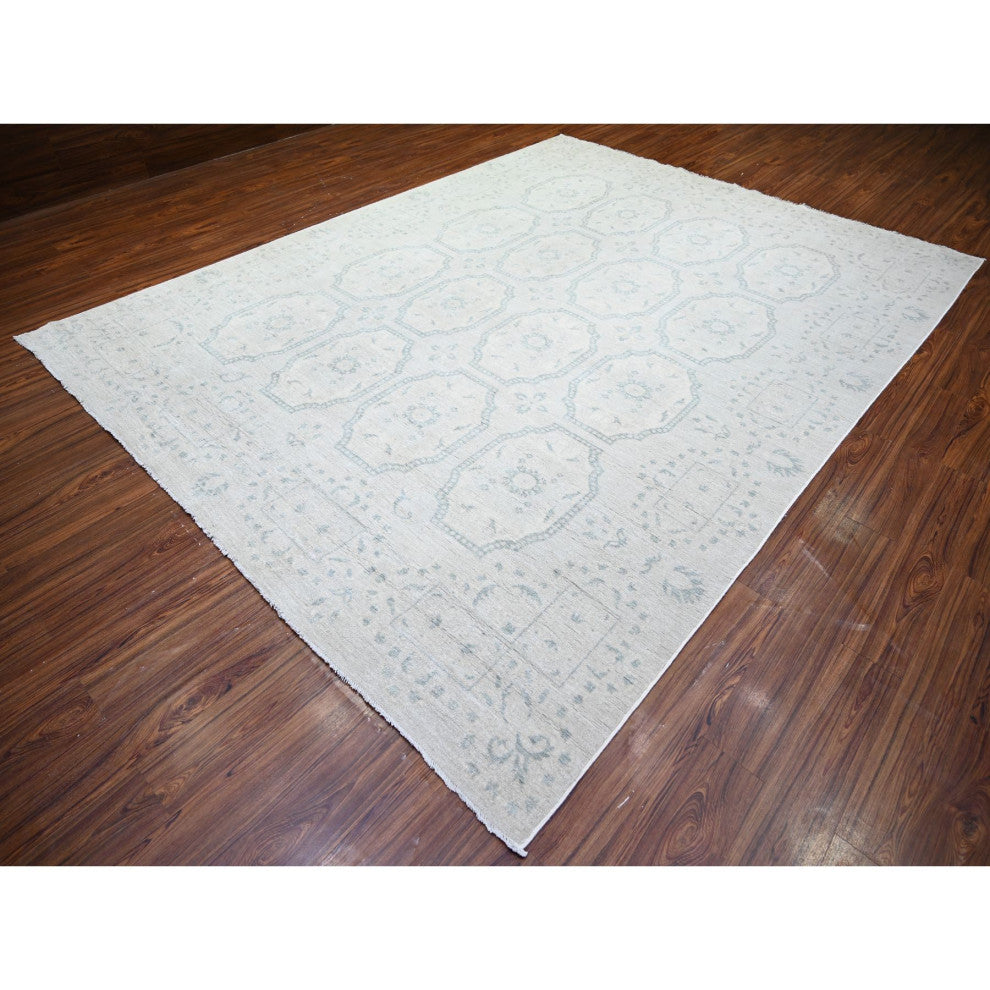 Ash Gray, Stone Washed Peshawar Wool Hand Knotted Oriental Rug, 9'x11'8"