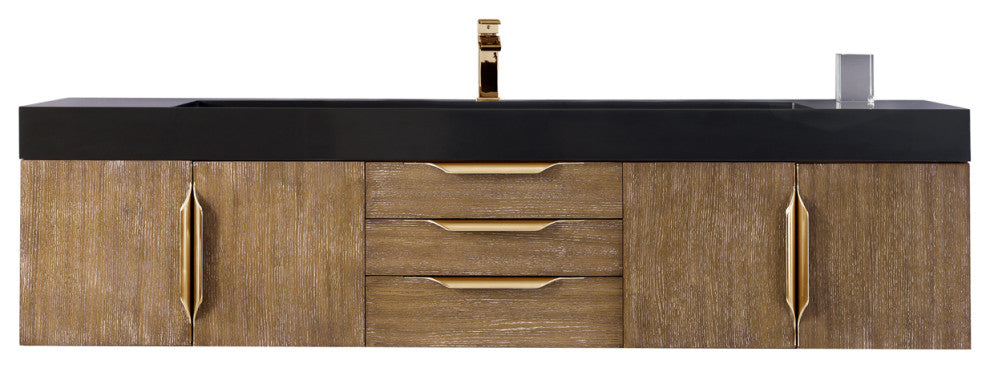Columbia 72" Single Wall Mount Vanity, Latte Oak, Radiant Gold, Glossy White Top