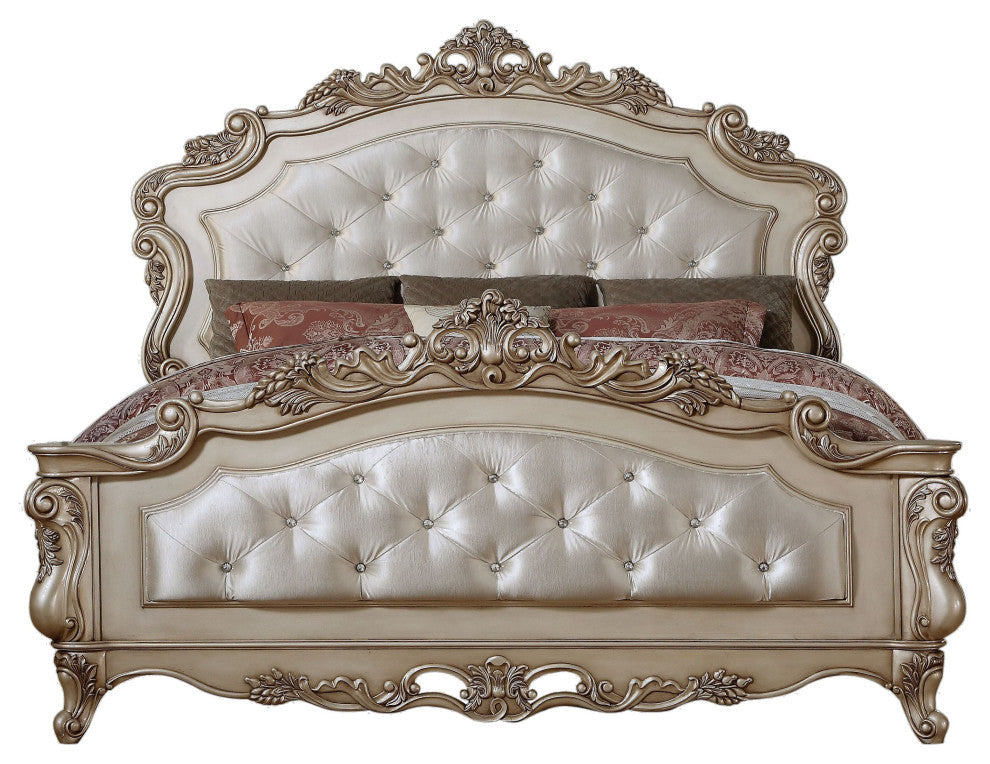 ACME Gorsedd Eastern King Bed, Fabric and Golden Ivory