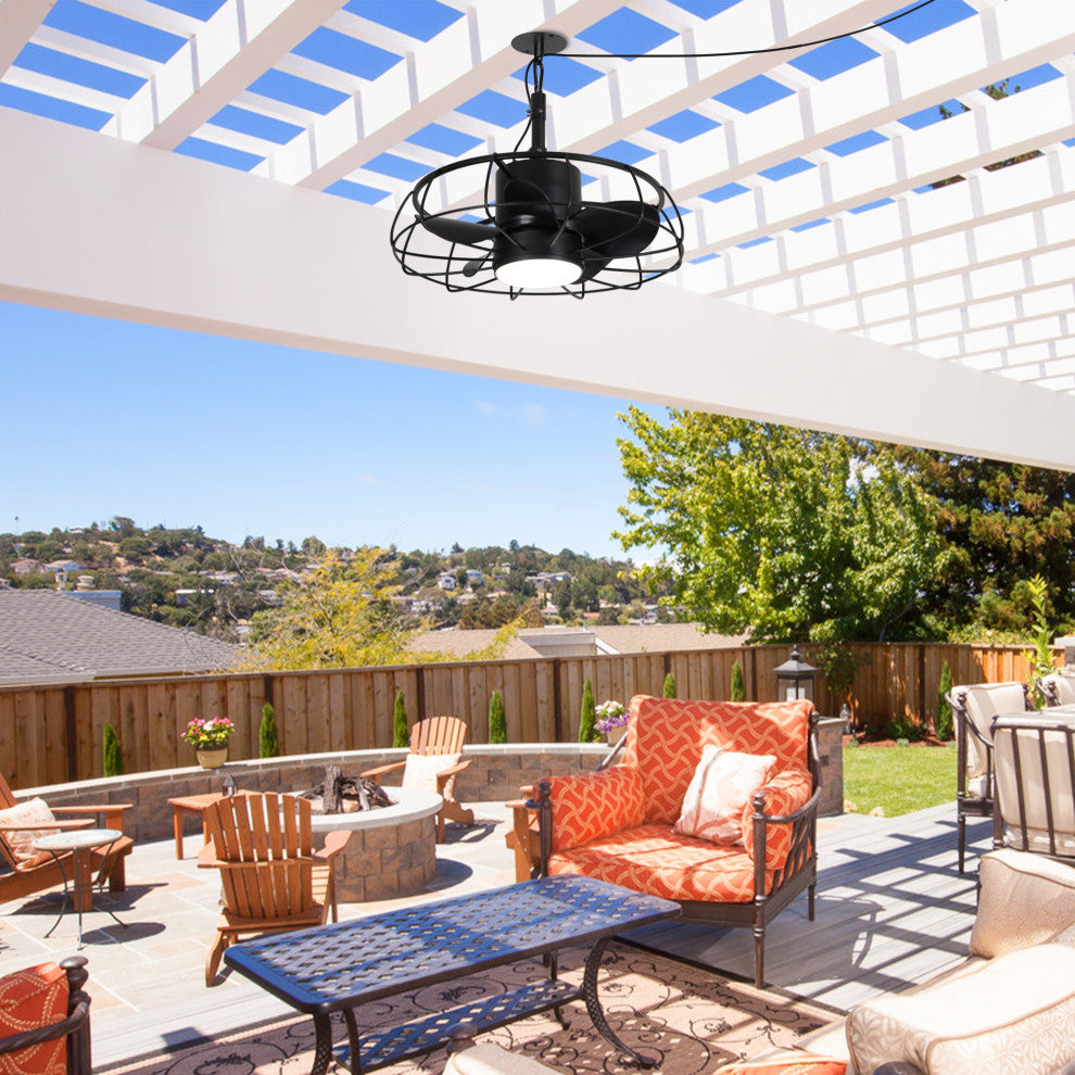 20-inch Modern Outdoor Black Small Cage Black LED Ceiling Fan with Remote