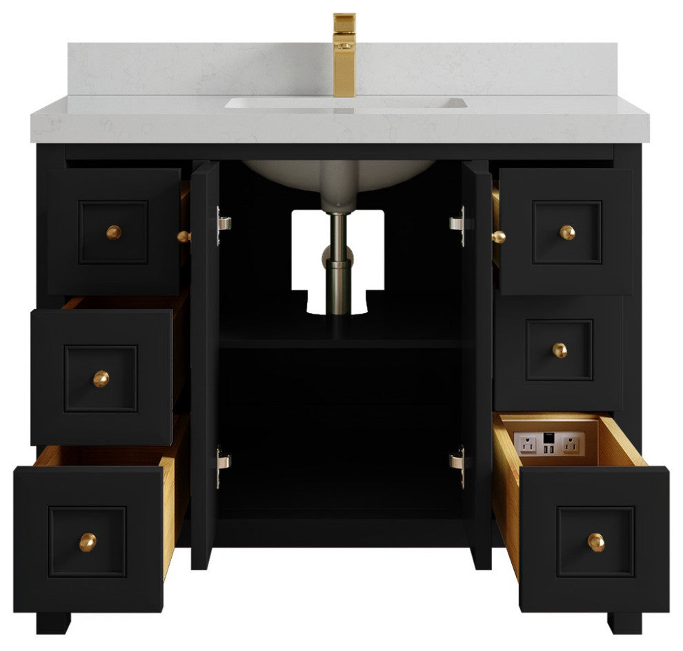 Nashville 42" Single Sink Bath Vanity, Black 2" Carrara Quartz