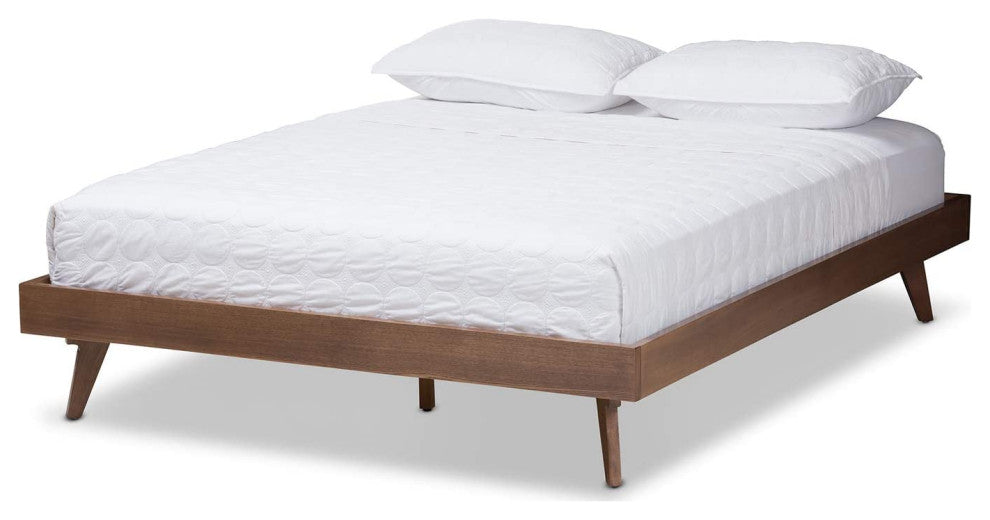 Mid-Century Modern Walnut Brown Finished Solid Wood Bed Frame, Queen