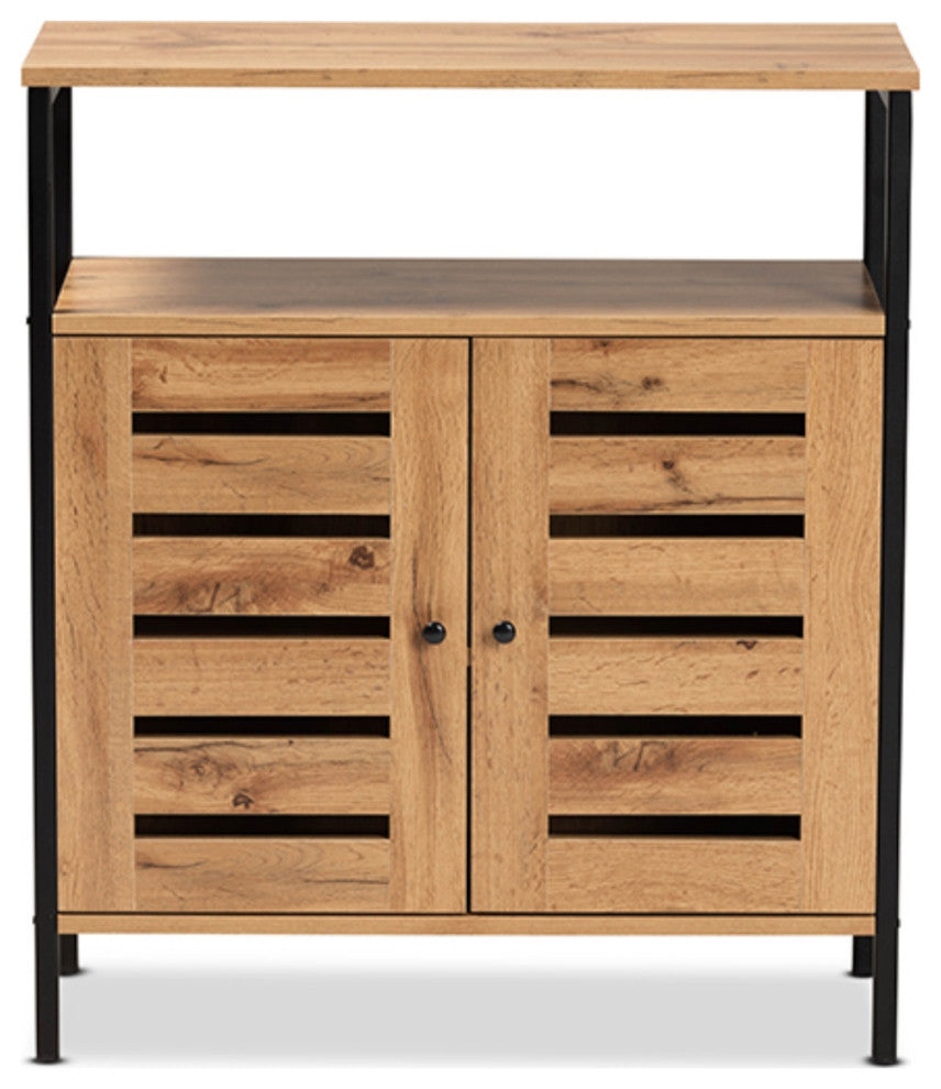 Vander Oak Brown Finished Wood And Black Metal 2-Door Shoe Cabinet