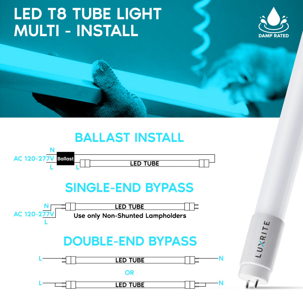 Luxrite 4FT T8 LED Tube Light 13W is 32W Cool White Damp Rated 25 Pack