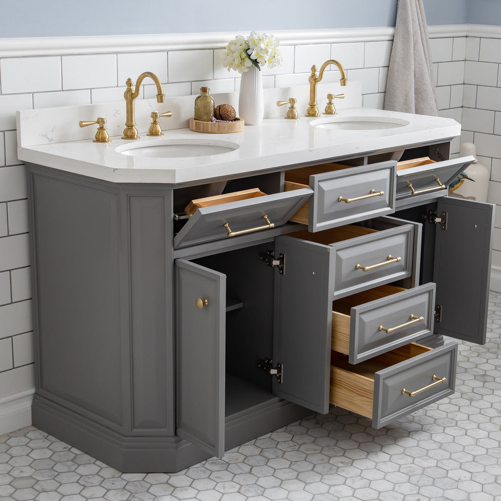 60" Palace Quartz Carrara Cashmere Gray Vanity With Satin Brass and Mirrors