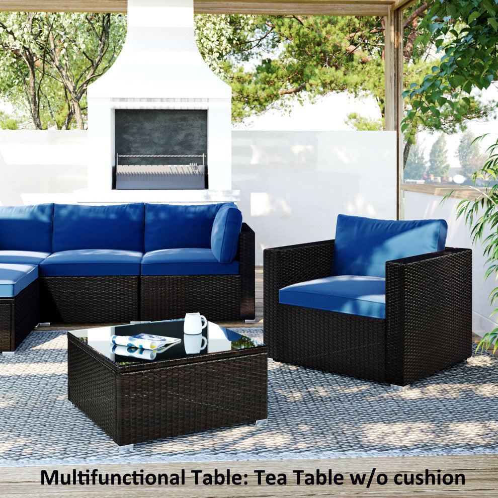 6 Pieces Outdoor Rattan Patio Sectional Sofa Set With Glass Table