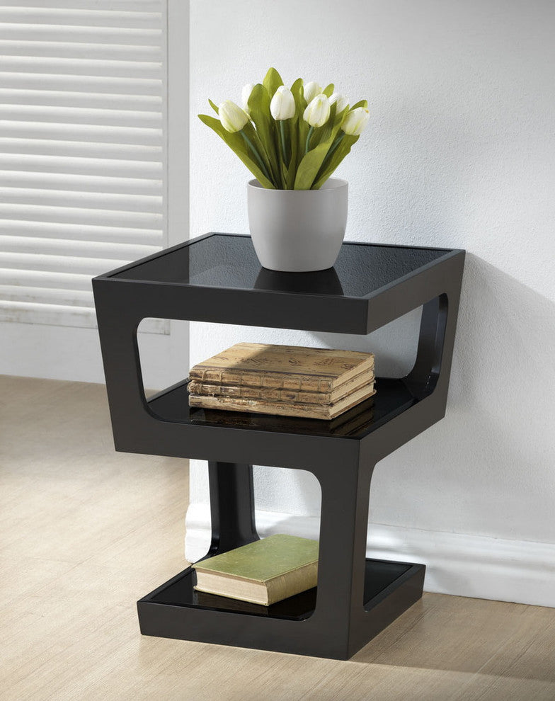 Baxton Studio Clara Black Modern End Table With 3, Tiered Glass Shelves