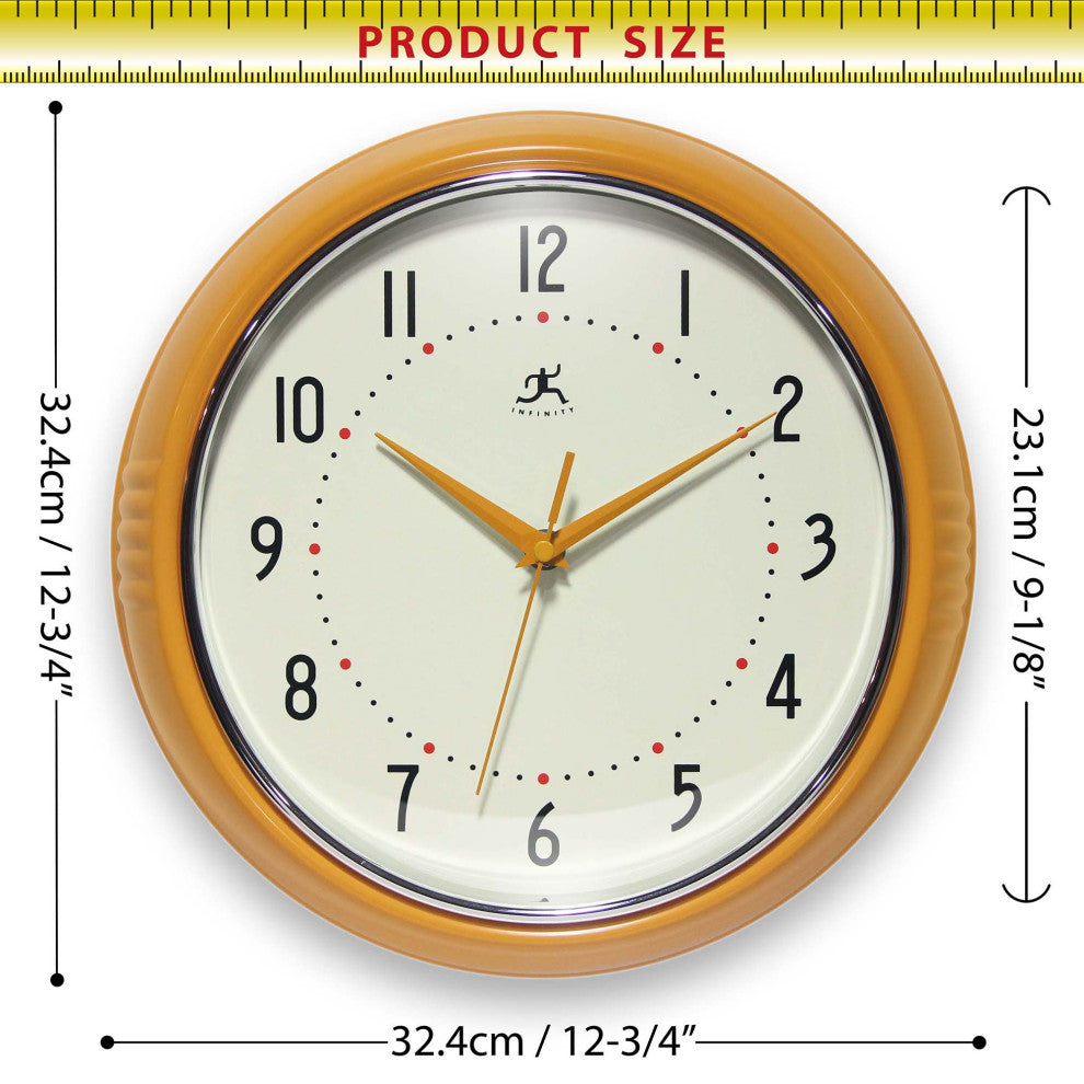 12 Inch Round Retro Wall Clock, Saffron