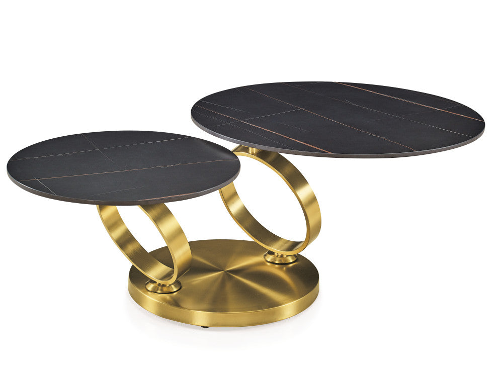 Motion Coffe Table With Ceramic Top and Gold Base, Black
