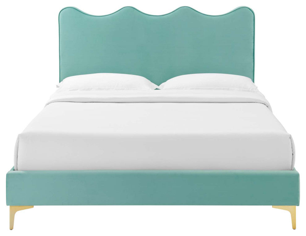 Platform Bed Frame, King Size, Blue, Velvet, Modern, Bedroom Master Guest Suite