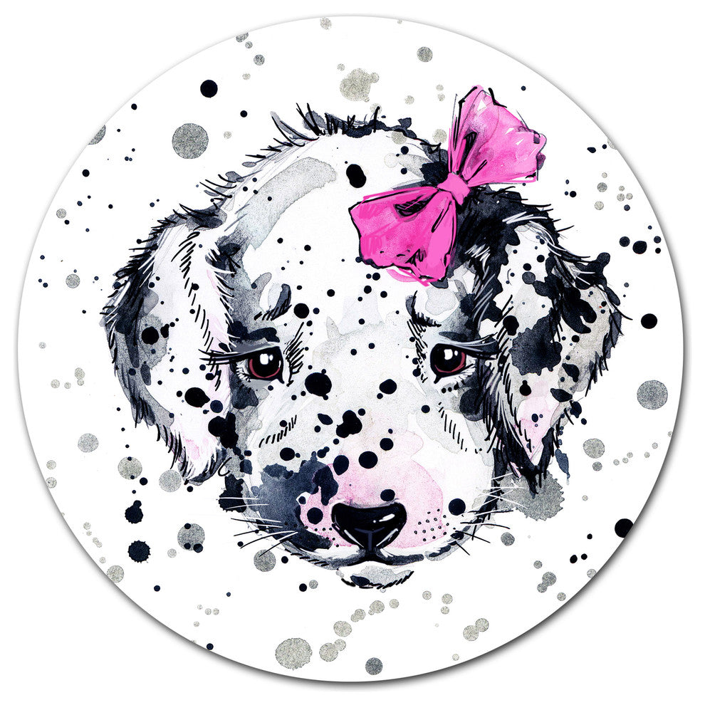 Funny Puppy With Pink Hair Band, Animal Art Round Wall Art, 11"