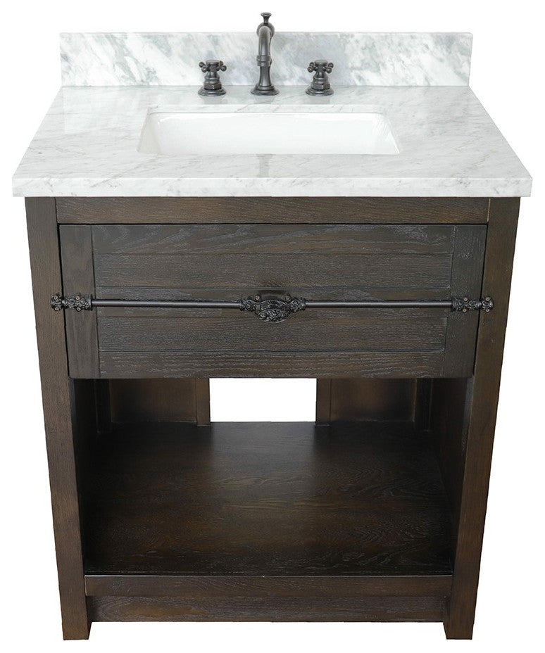 30" Single Vanity, Brown Ash, White Carrara Top, Rectangle Sink