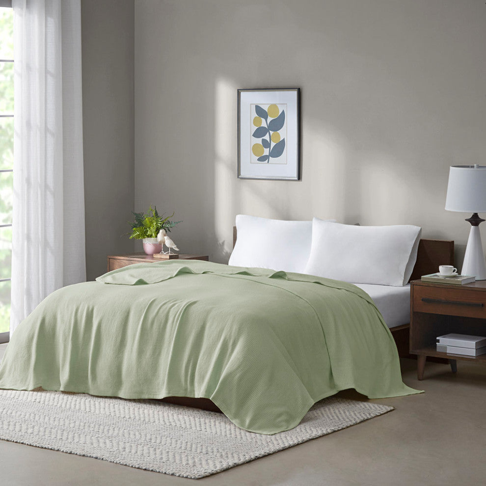 Madison Park Freshspun Basketweave Cotton Blanket, Green