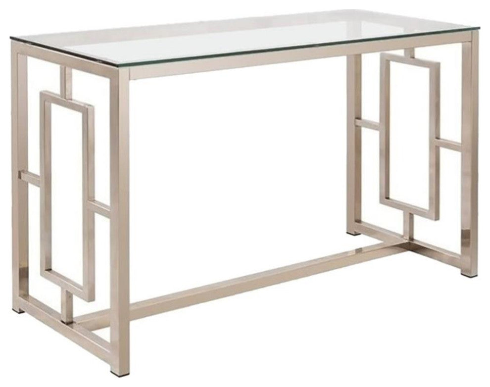 Bowery Hill Glass Top Console Table in Nickel and Clear