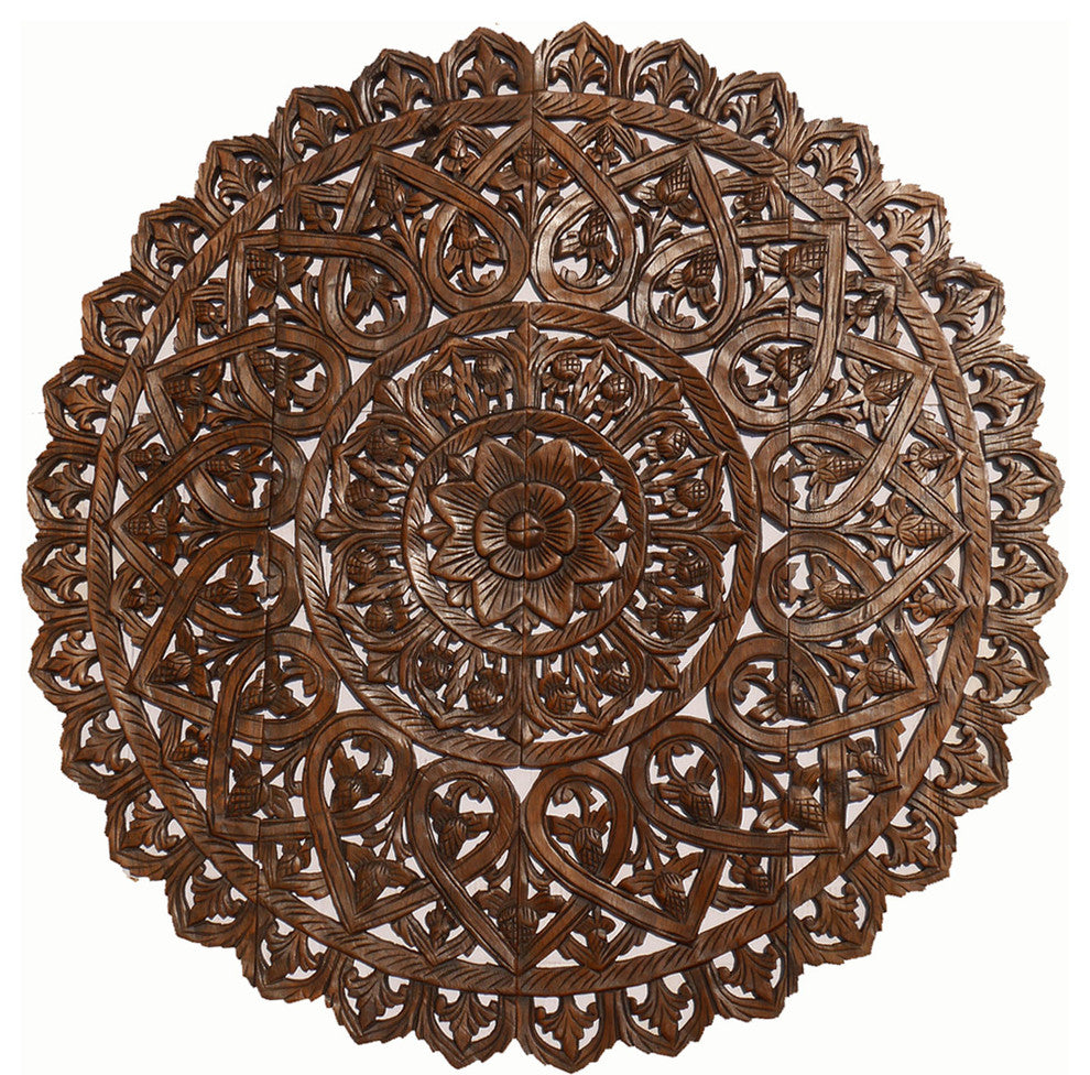 Round Lotus Flower Wood Carved Wall Plaque Home Decor, Brown, 48"x48"