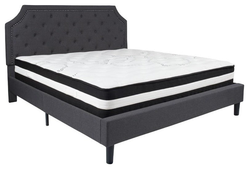 King Size Tufted Platform Bed, Dark Gray With Pocket Spring Mattress