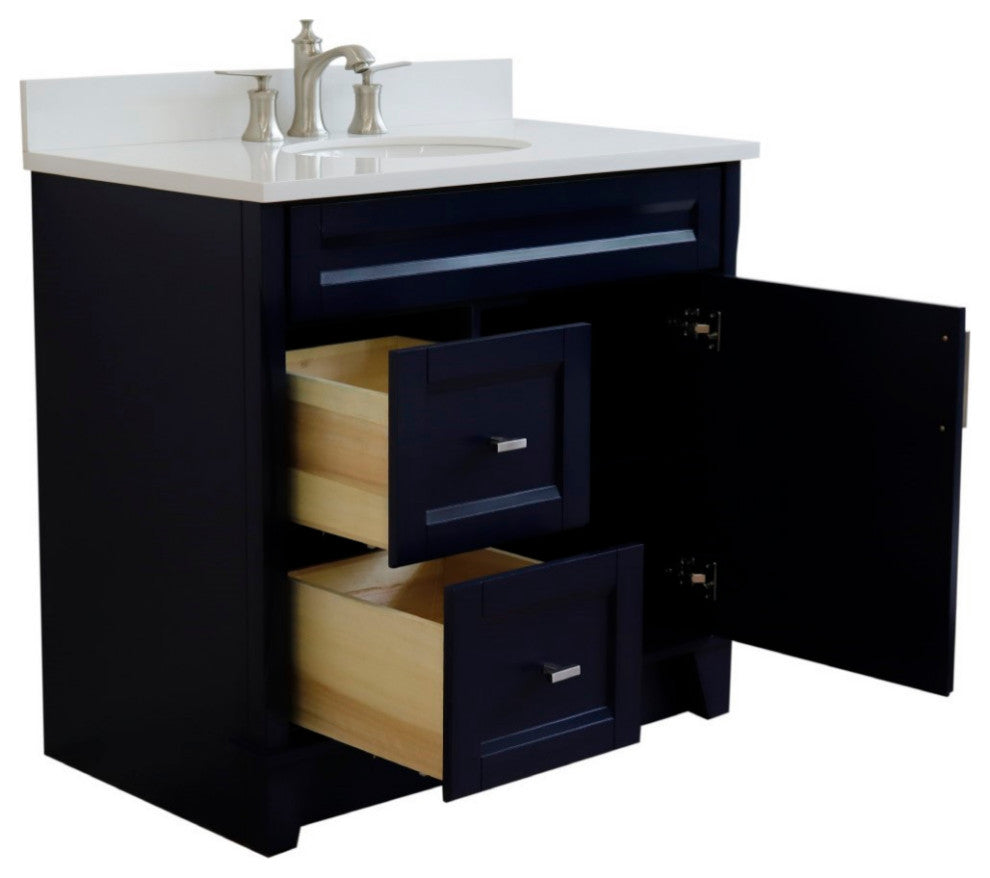 37" Single Sink Vanity, Blue Finish With White Engineered Stone Top