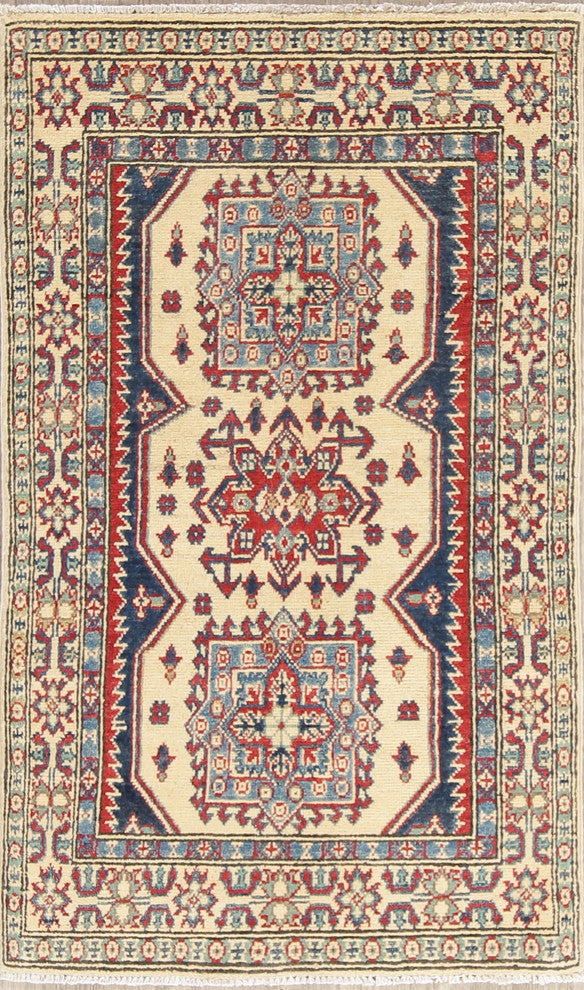 Hand-Knotted Pakistani Kazak Traditional Oriental Area Rug, Beige, 4'5"X2'8"