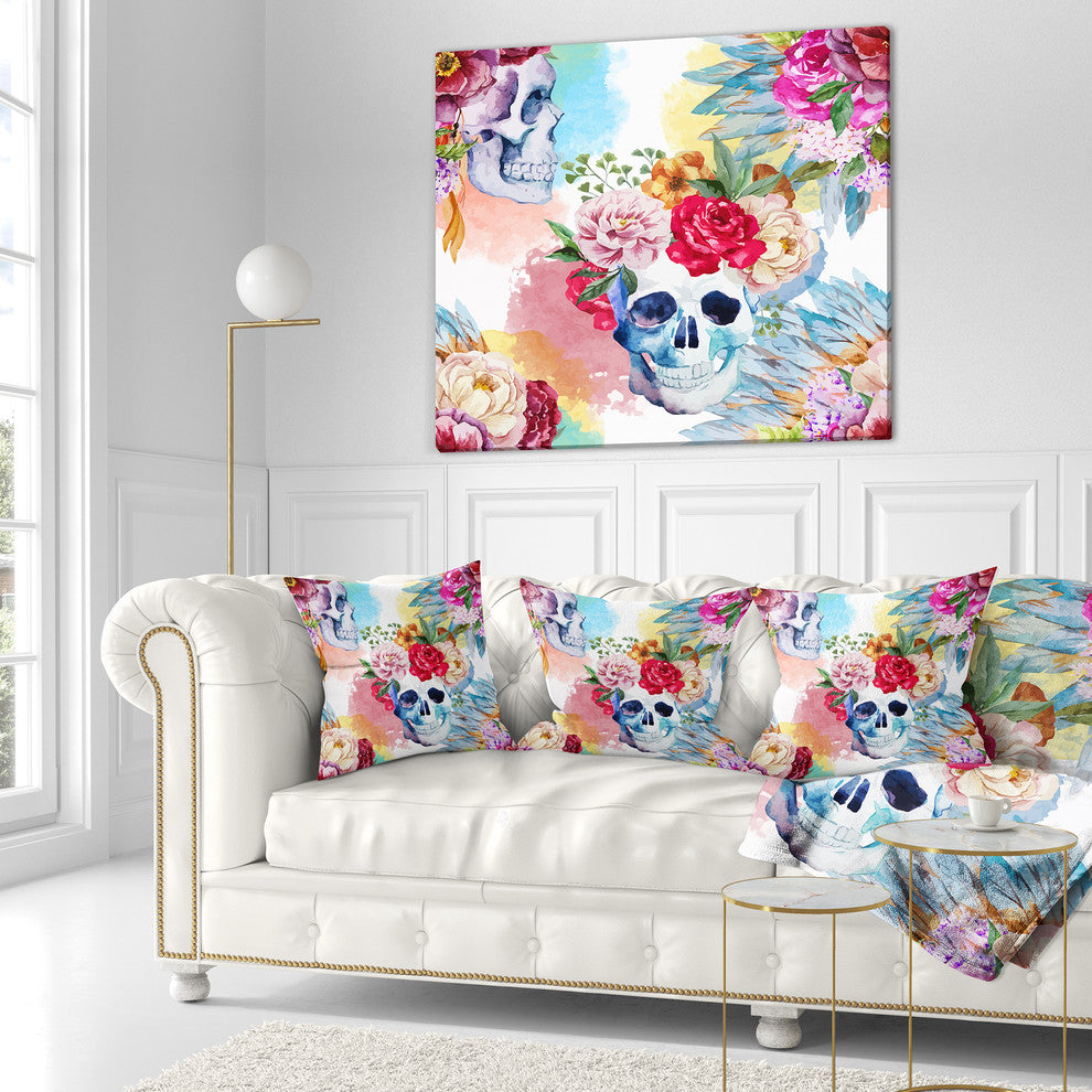 Ethnic Skull with Flowers Floral Throw Pillow, 18"x18"