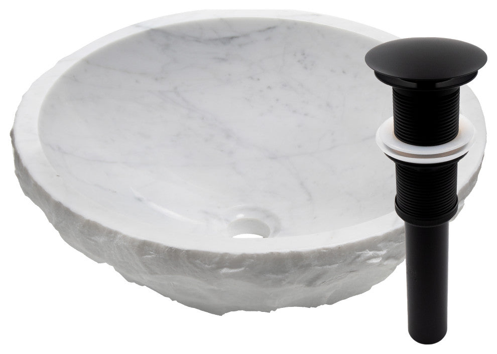 Natural Carrara White Marble Chiseled Stone Vessel Sink and Drain, Matte Black