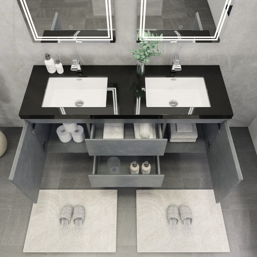 Belli 60" Double Sink Wall Mount Vanity Set, Cement Gray, Matt Black Top