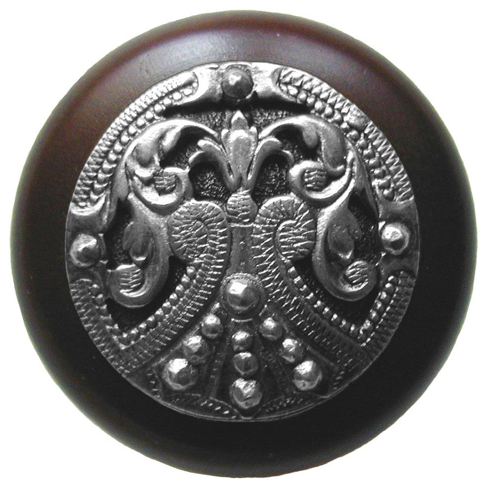 Regal Crest Wood Knob, Antique Brass, Dark Walnut Wood Finish, Brilliant Pewter