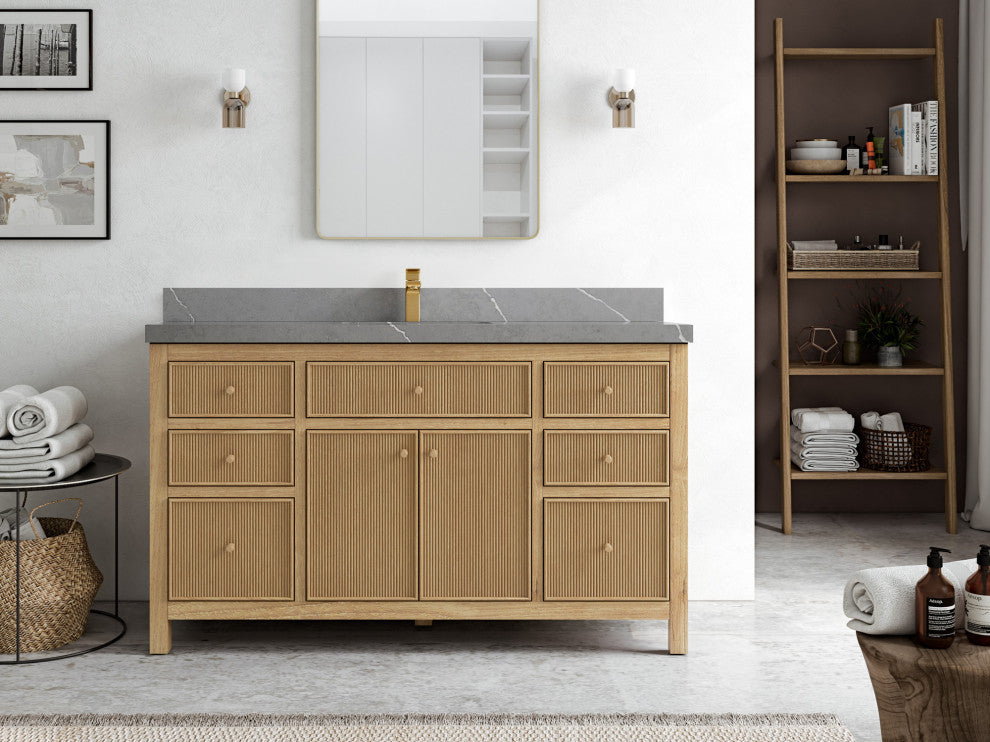 Sonoma Teak 60 Single Bath Vanity in Light  Natural with 2" Piatra Gray Quartz