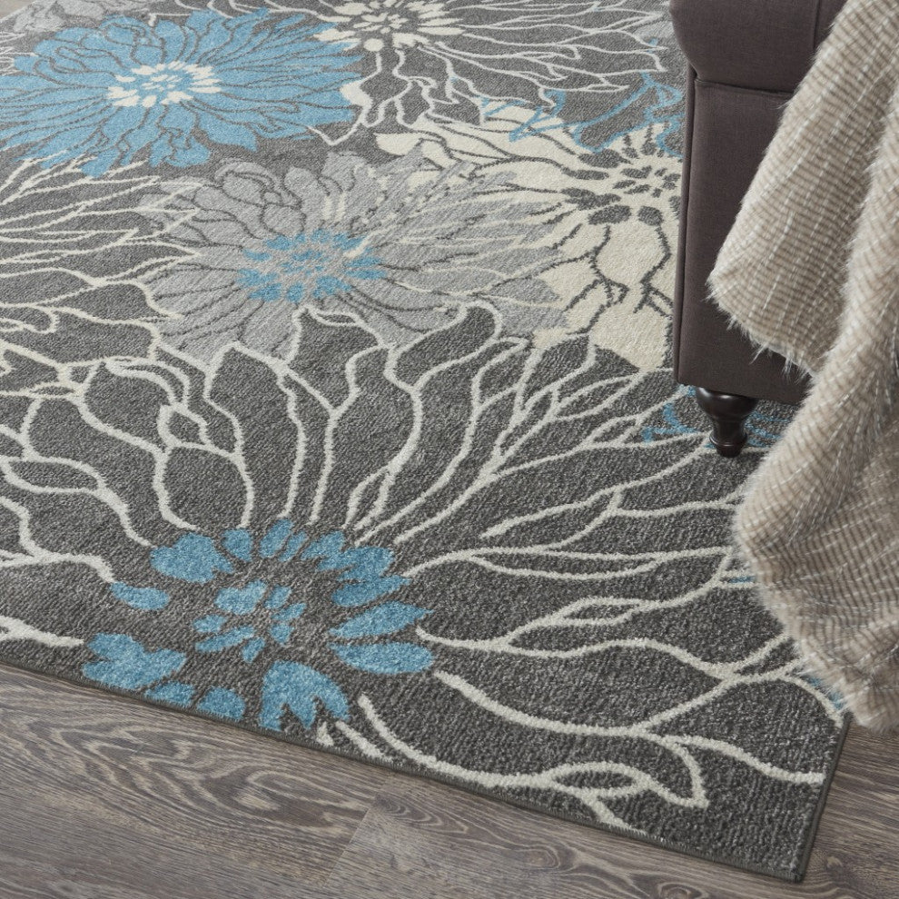7 x 10 Charcoal and Blue Big Flower Area Rug