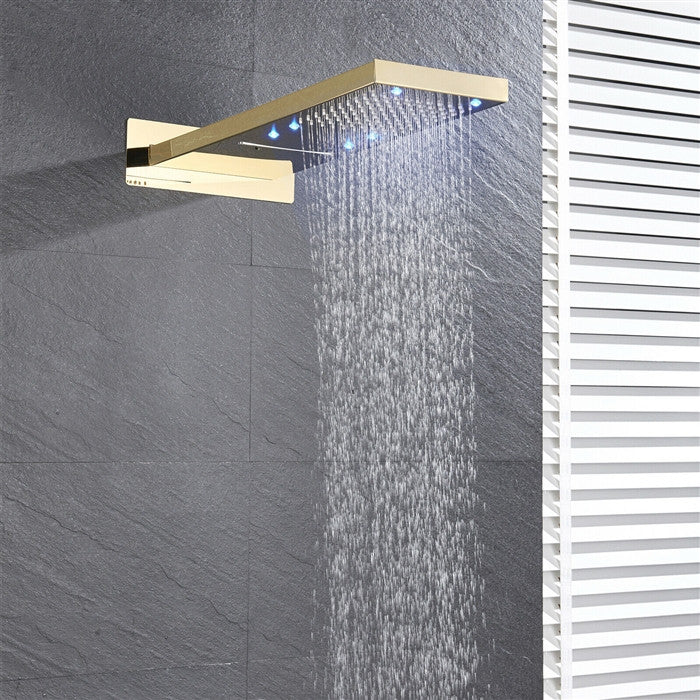 Melfi 22" Brushed Gold Rainfall Shower System, Square Handheld Shower, LED