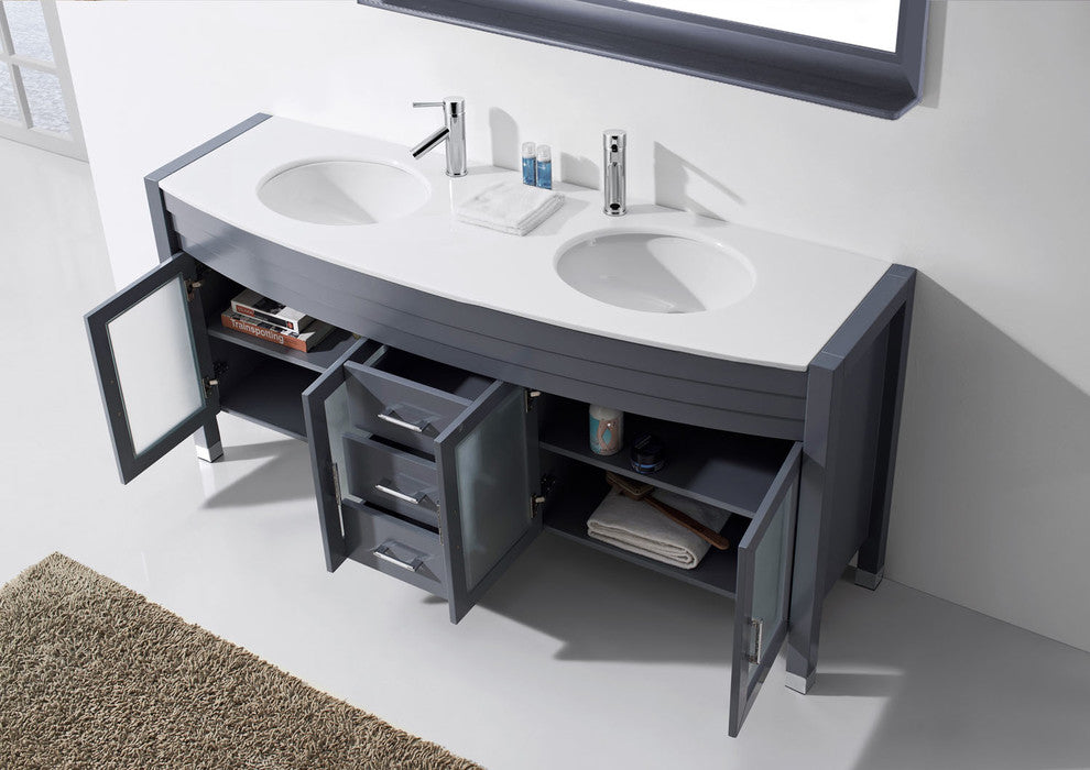 Virtu Ava 71" Double Bathroom Vanity, Gray With White Top, Faucet and Mirror