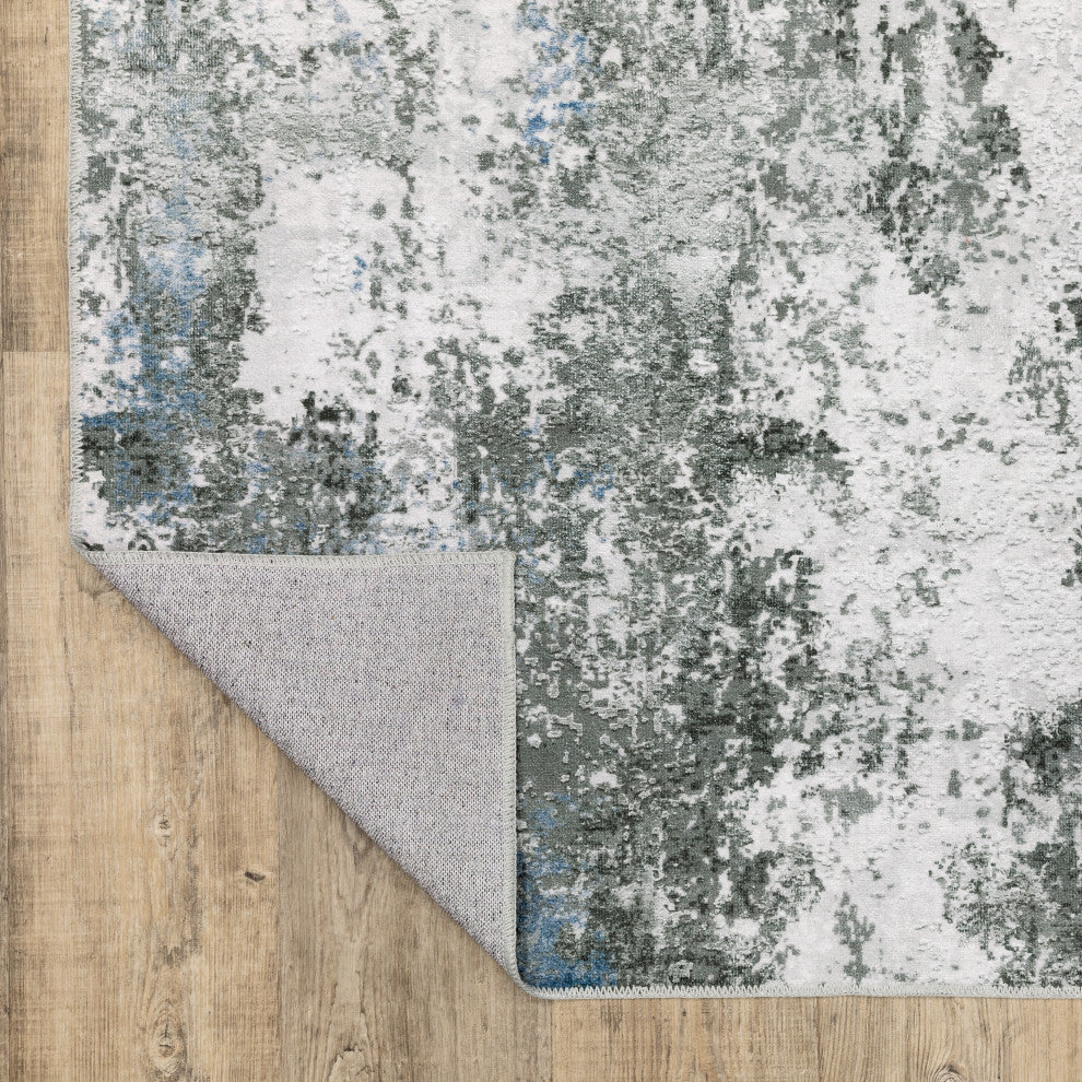 Michaela Machine Washable Marbled Grey/ Blue Indoor Area Rug, Grey, 2'x8'