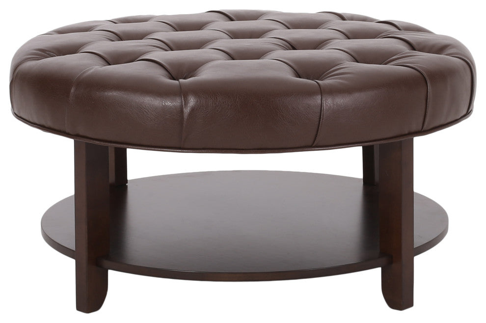 Baynes Faux Leather Tufted Wood Round Ottoman, Open Shelf, Dark Brown + Espresso
