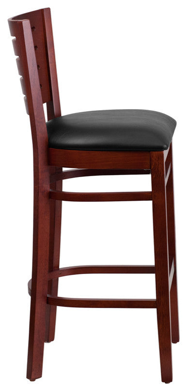 Modern Slat Back Mahogany Wood Restaurant Barstool, Black Vinyl Seat