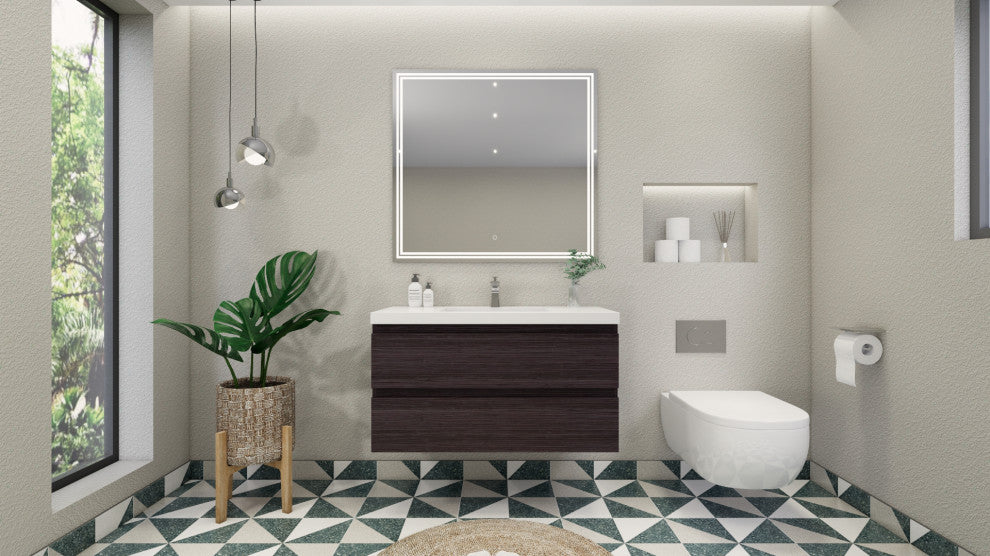Belli 42" Wall Mounted Single Bathroom Vanity Set, Dark Gray Oak, Glossy White Top