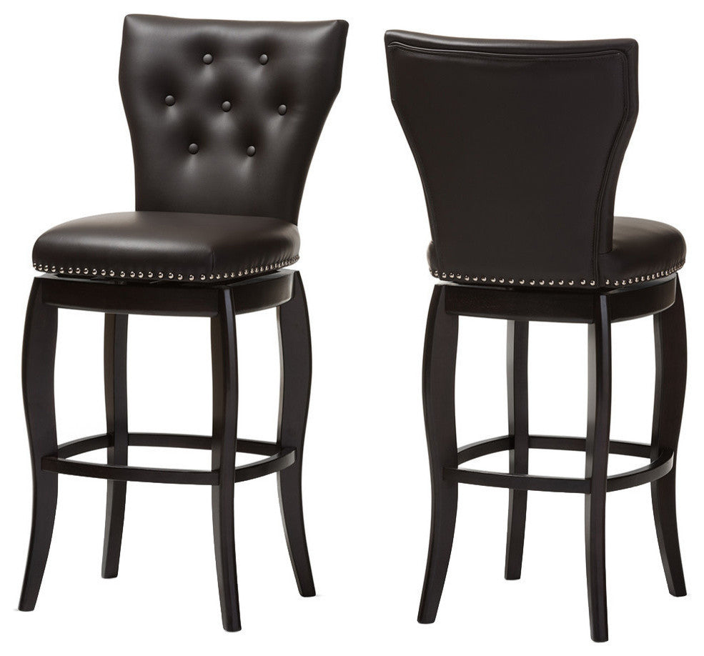 Brown Faux Leather Upholstered Button-Tufted 29" Swivel Bar Stool, Set of 2